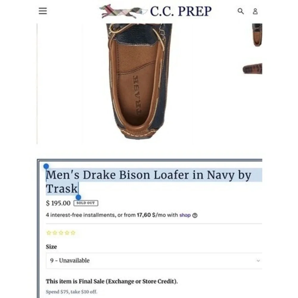 Trask Drake Blue Tie/Bow Driving Loafers Moccasin Men 9M China Bison Leather